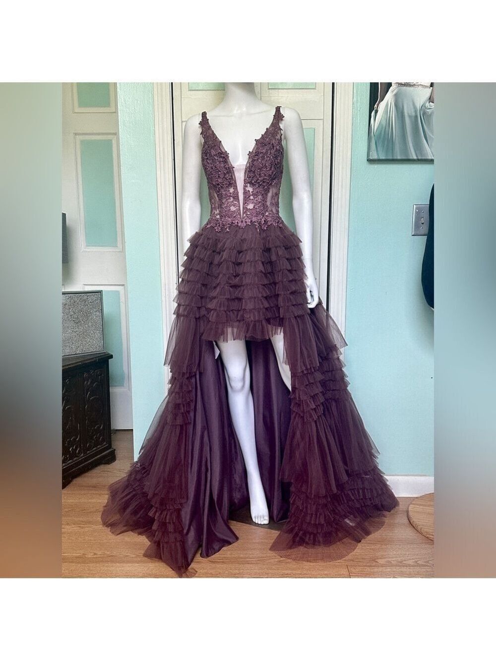 Size 10 Colette Prom CL12281 Heather Purple Pageant Ruffle Skirt High Low Dress
